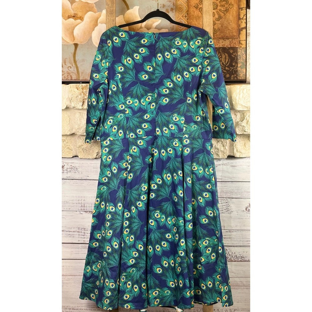 TopVintage Boutique Peacock Feather Print Swing Dress Green Blue 3XL Pockets - Picture 10 of 14